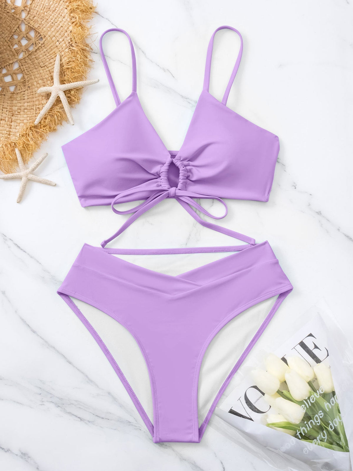 Tie Front Keyhole High Waist Bikini Set