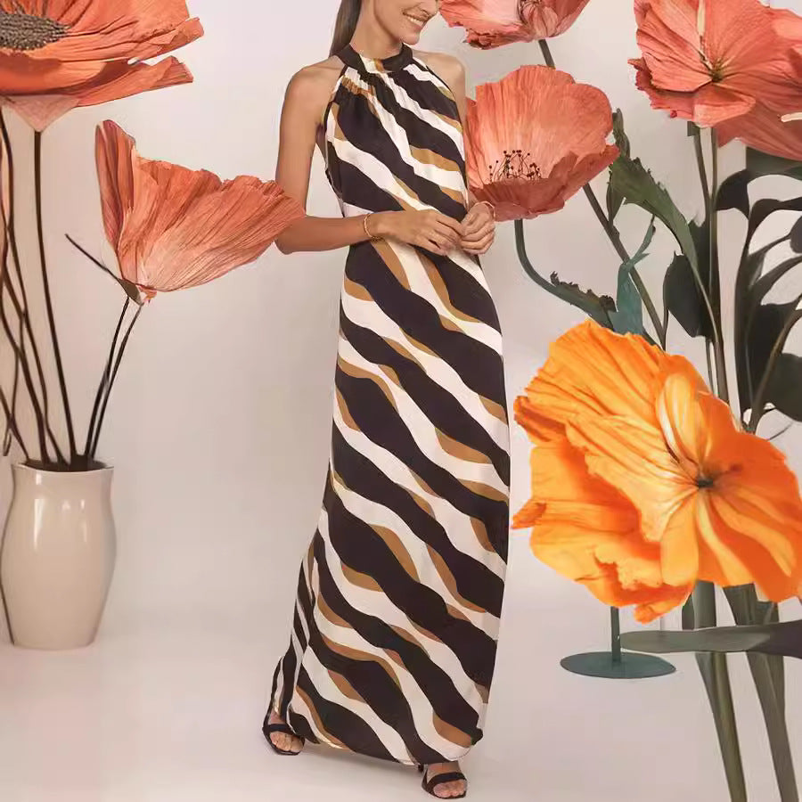 Diagonal Stripe Print Halter Neck Sleeveless Column Maxi Dress