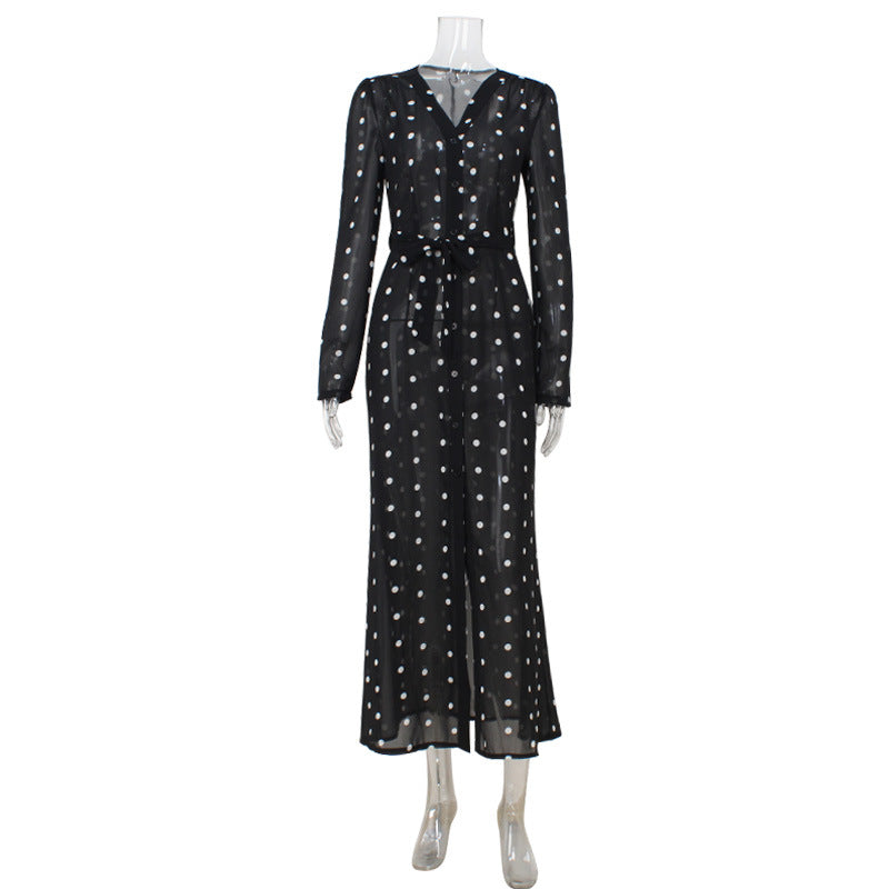 Polka Dot Sheer Chiffon V-Neck Long Sleeve Flounce Hem Midi Dress 4