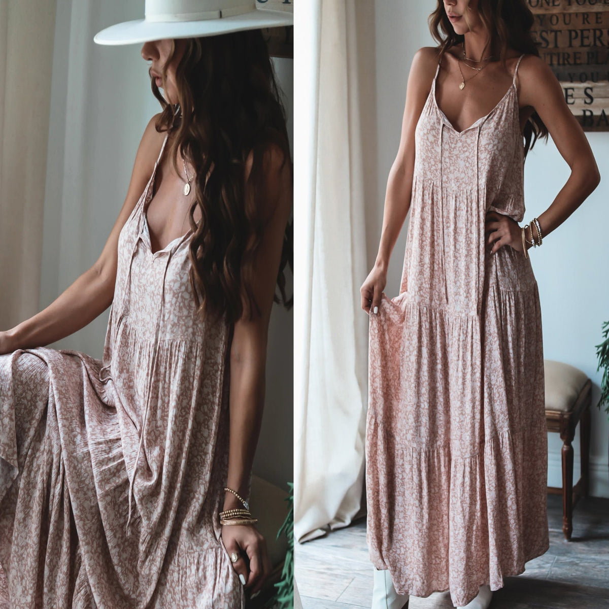Floral Print V-Neck Tie Front Spaghetti Strap Tiered Maxi Dress 2