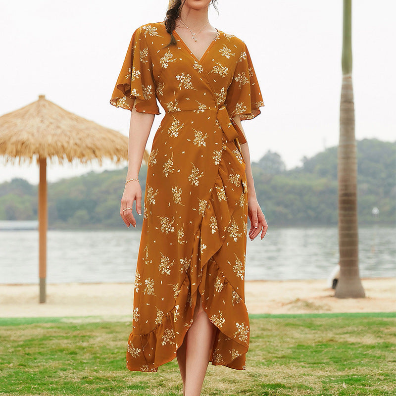 Floral Print Wrap V-Neck Flutter Sleeve Ruffle High Low Midi Dress
