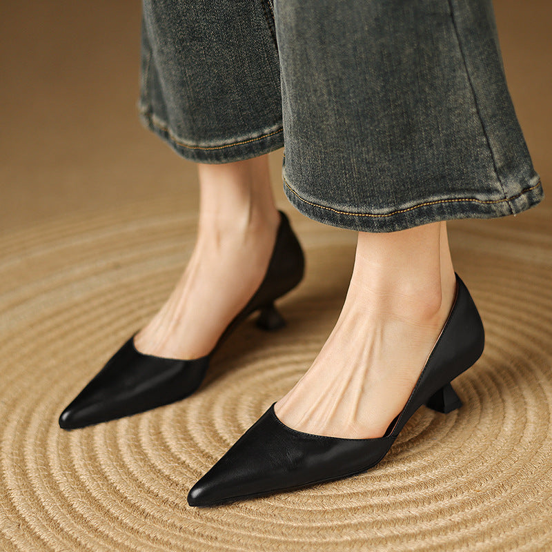 Pointed Toe Slip On Flared Kitten Heel Pumps