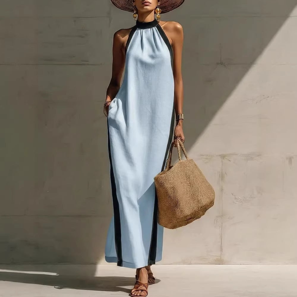 Halter Neck Sleeveless Contrast Trim Maxi Dress Summer 6