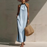 Halter Neck Sleeveless Contrast Trim Maxi Dress Summer 6