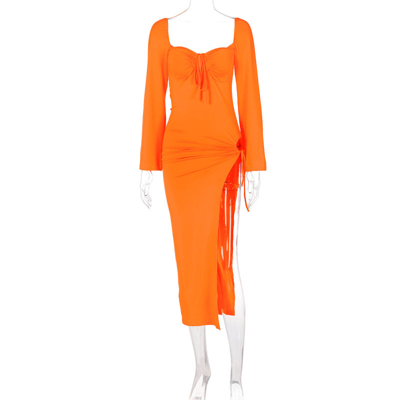 Long Sleeve Lace Up Slim Fit Backless Hollow Out Cutout Split Dress - View 5