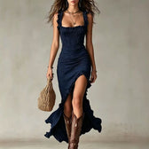Smocked Square Neck High Split Ruffle Maxi Dress 7