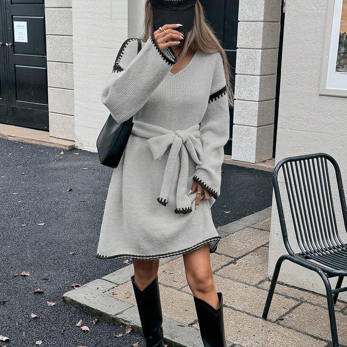 V-Neck Long Sleeve Tie Waist Contrast Stitch Knit Sweater Dress 9