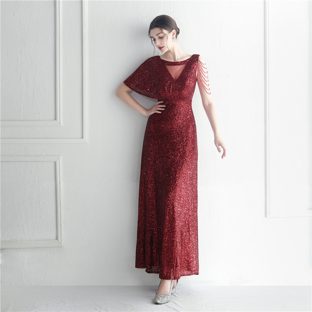 Craft Beaded Ruffle Sleeve Mesh See through Bridesmaid Etiquette Celebration Dinner Long Evening Dress - FashionAxe