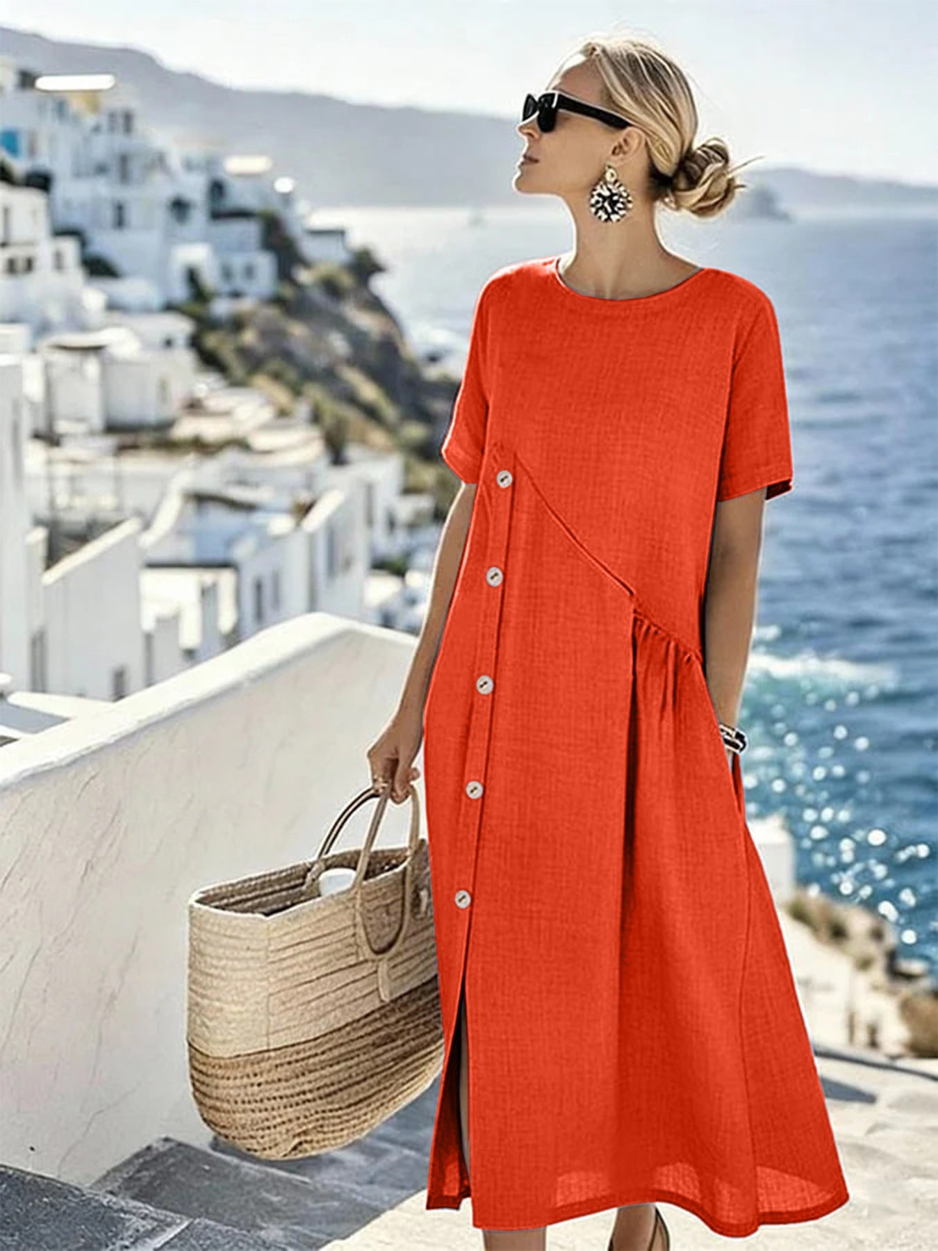 Crew Neck Short Sleeve Side Button Linen Midi Dress Summer 9