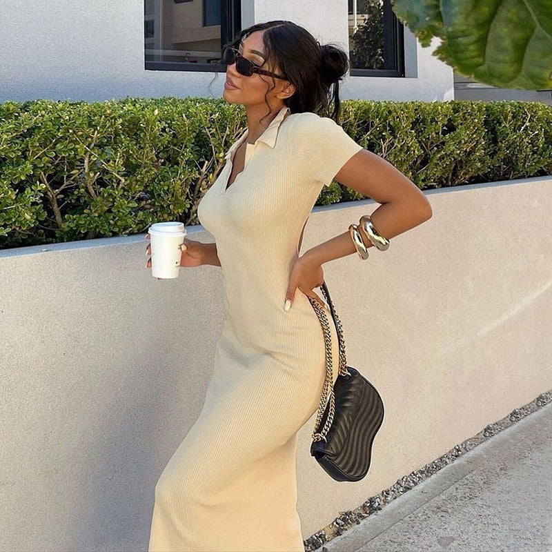Ribbed Knit Polo Collar Short Sleeve Bodycon Maxi Dress