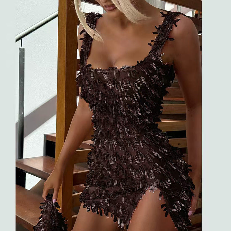 Sequin Fringe Square Neck High Split Bodycon Mini Dress 4