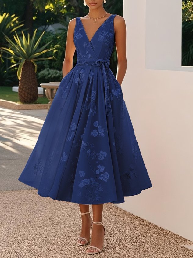 Floral V-Neck Sleeveless A-Line Midi Dress Wedding Guest 5