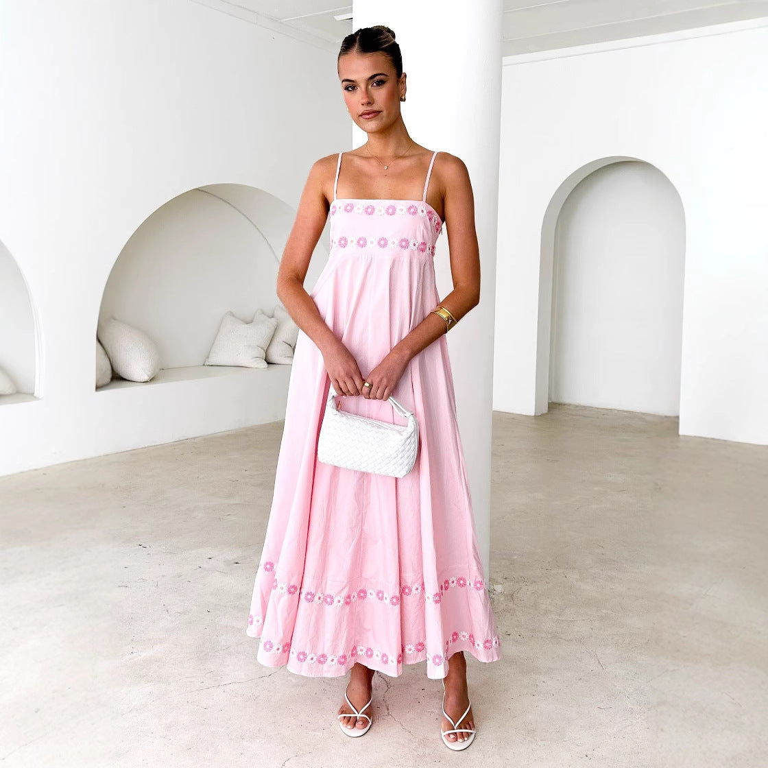 Floral Embroidered Spaghetti Strap Maxi Dress Summer 3