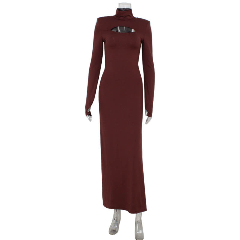 Mock Neck Long Sleeve Keyhole Cut Out Bodycon Maxi Dress 3