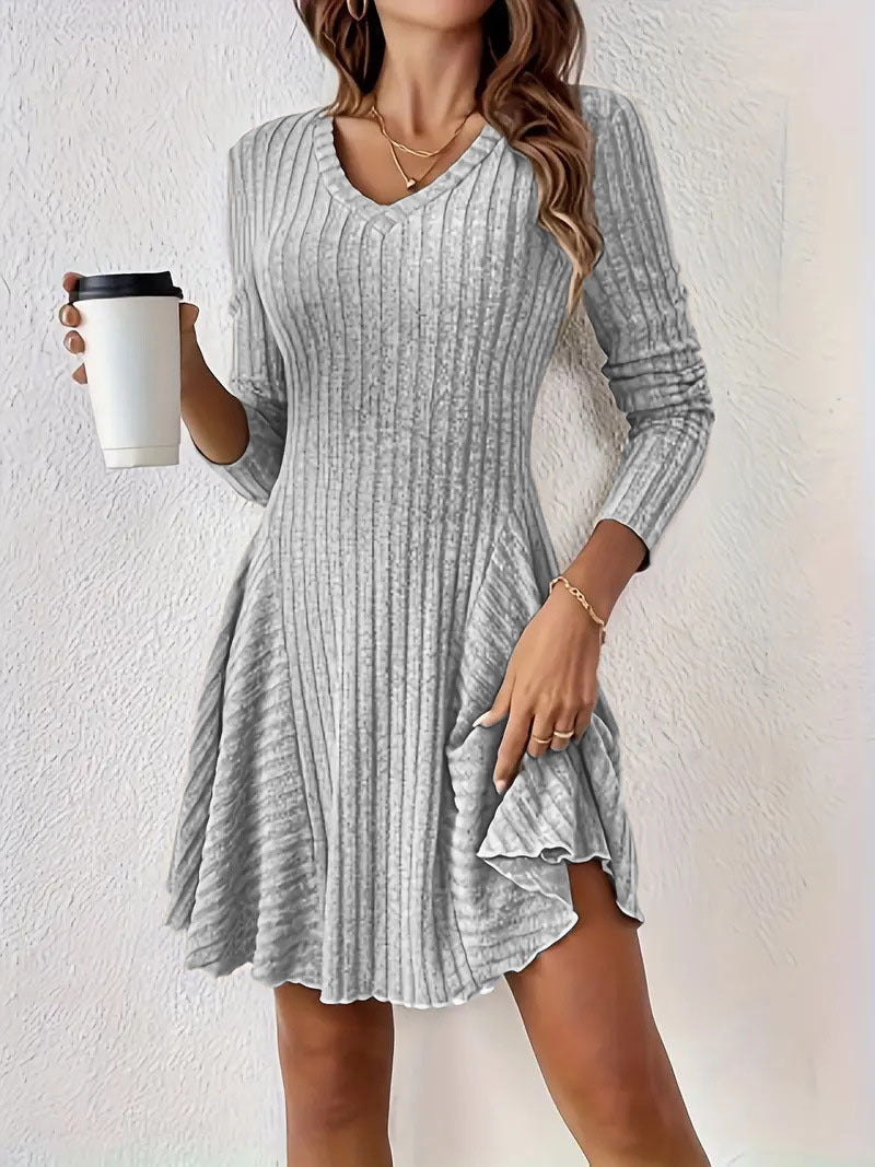 Ribbed Knit V-Neck Long Sleeve Fit and Flare Mini Dress 11