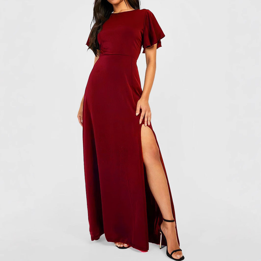 Round Neck Flutter Sleeve High Split A-Line Maxi Dress 5