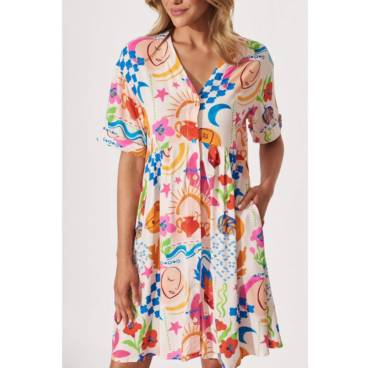 Abstract Print V-Neck Short Sleeve Button Front Pocket Mini Dress