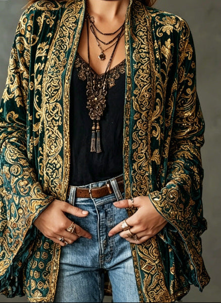 Paisley Velvet Boho Open Front Kimono Cardigan