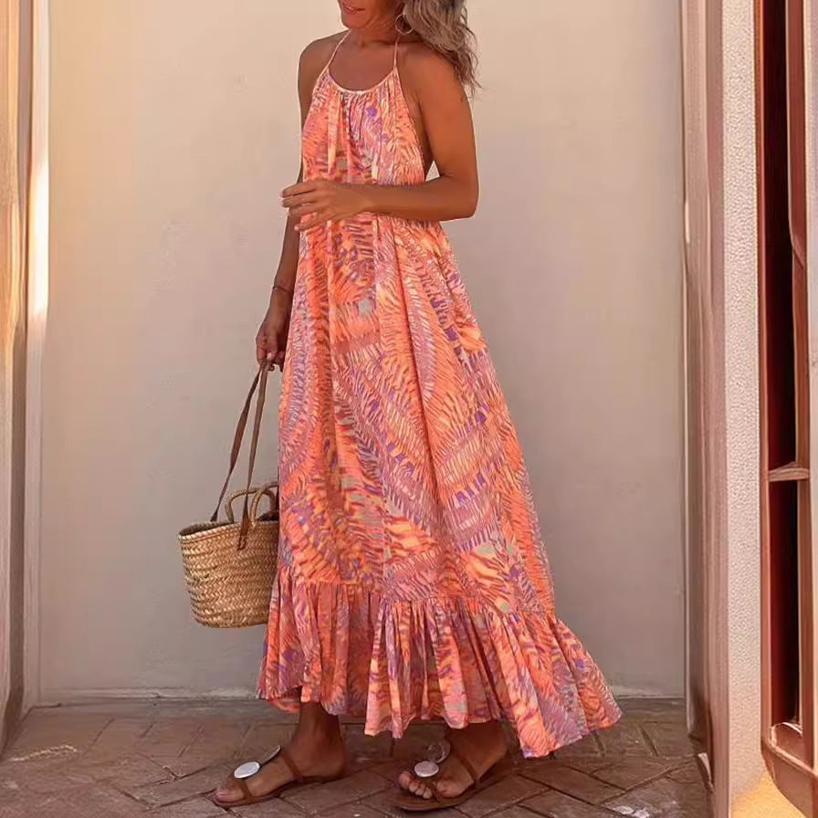 Abstract Print Halter Neck Sleeveless Ruffle Hem Swing Maxi Dress