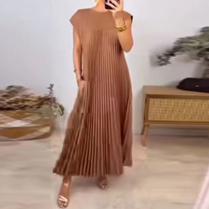 High Neck Cap Sleeve Pleated Loose Maxi Dress 10