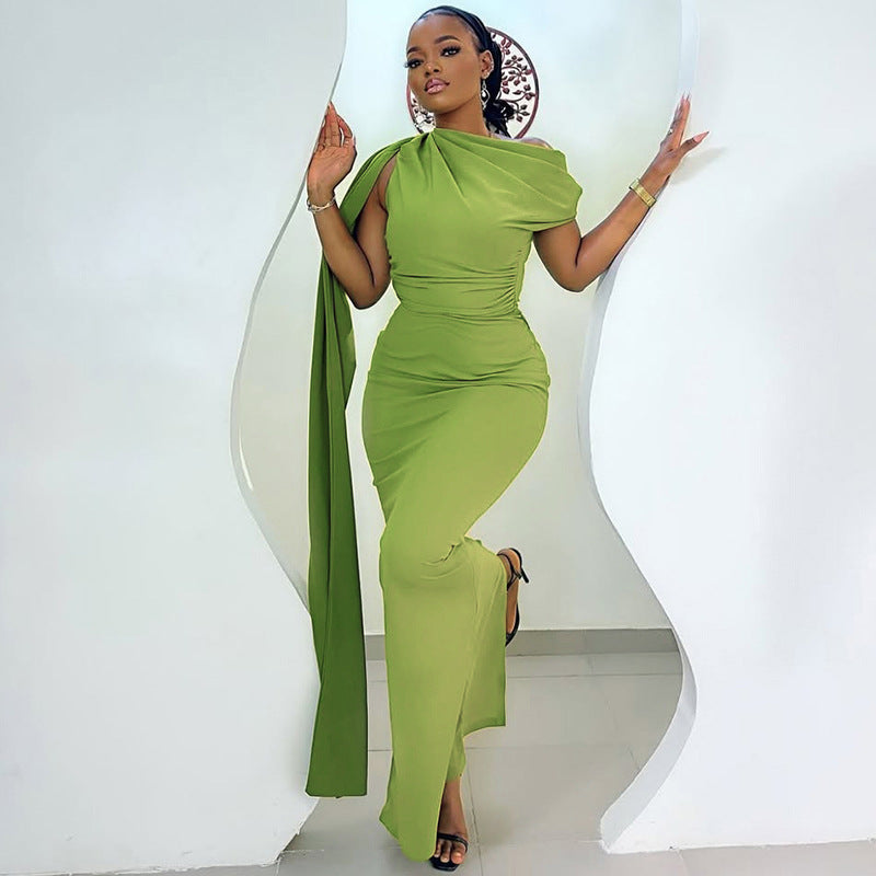 Draped Cape Sleeve Asymmetric Neck Ruched Bodycon Maxi Dress