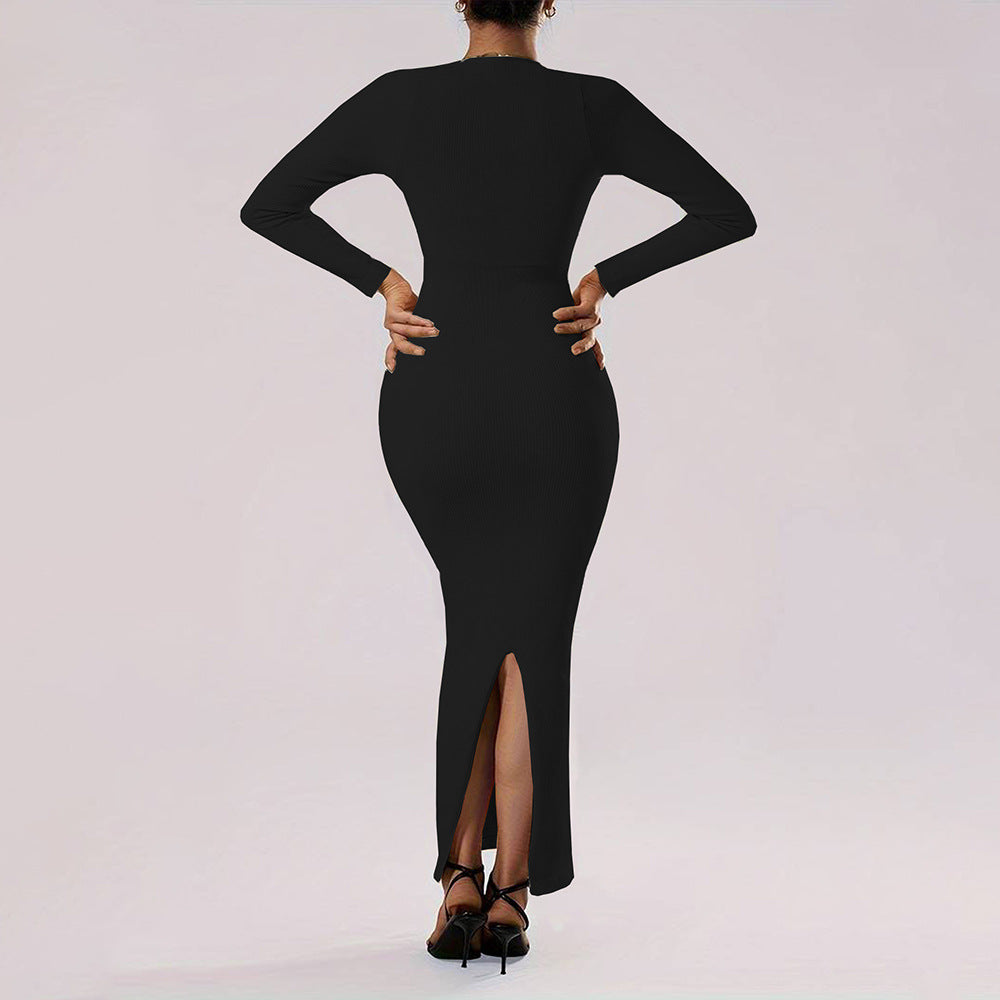 Square Neck Long Sleeve Ribbed Bodycon Mermaid Maxi Dress 4