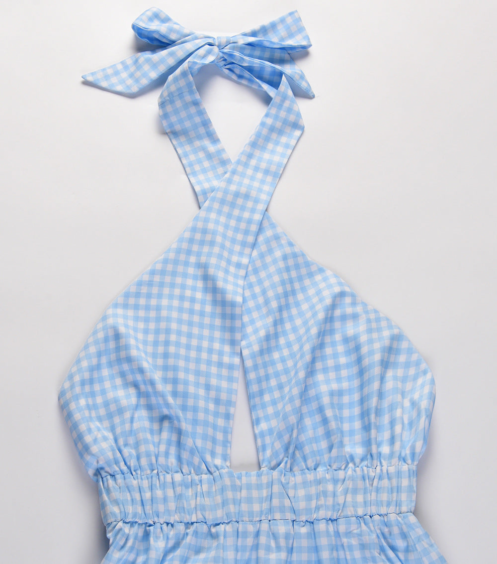 Pom Cotton Gingham Halter Midi Dress