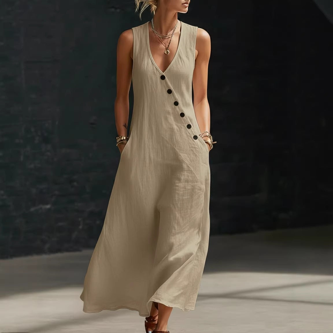 V-Neck Sleeveless Button Front Linen Maxi Dress 4