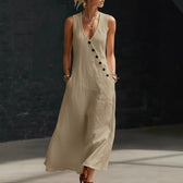 V-Neck Sleeveless Button Front Linen Maxi Dress 4