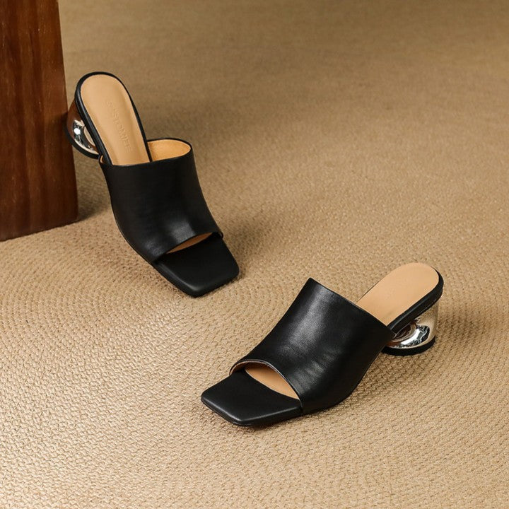 Open Toe Sculpted Block Heel Mules