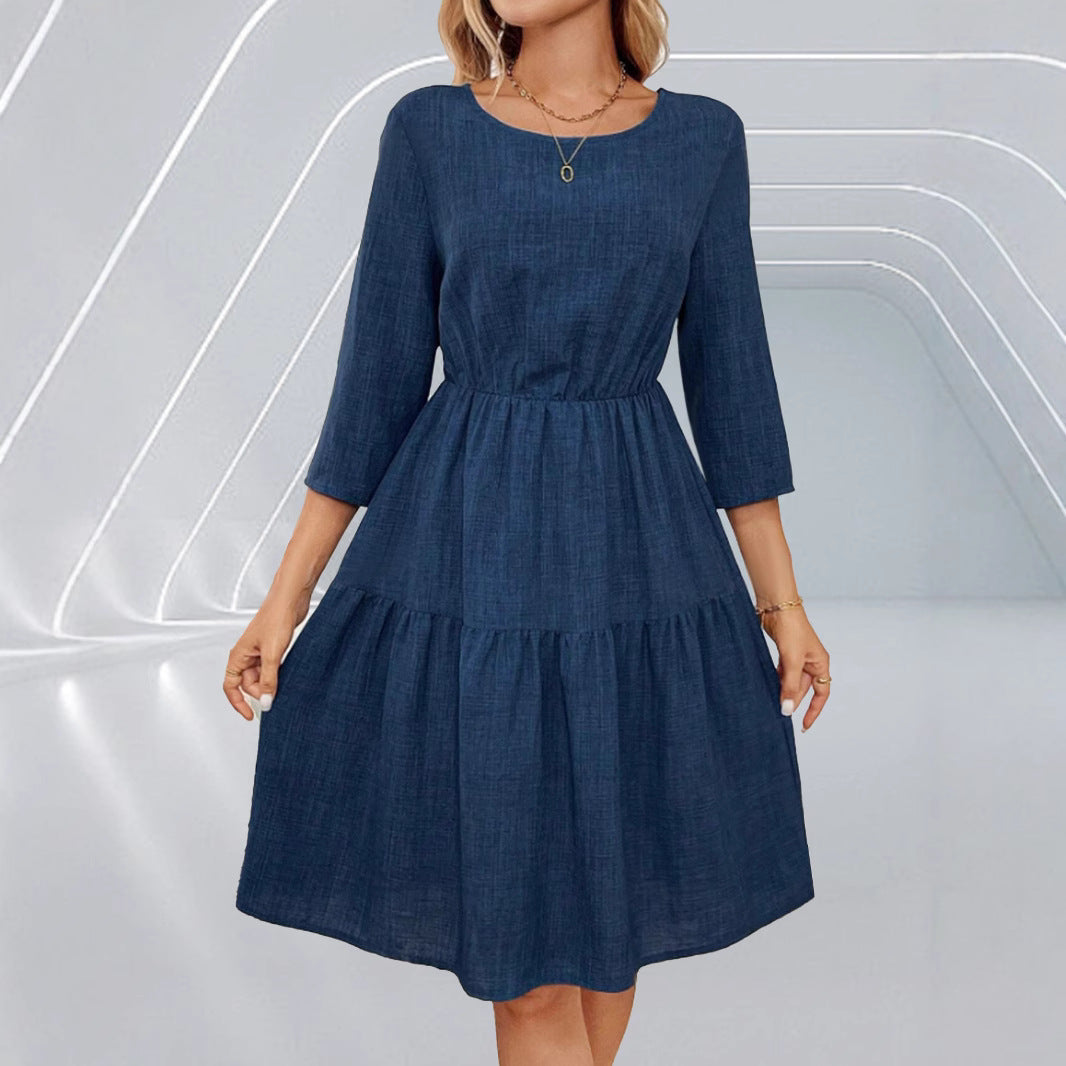 Textured Round Neck 3/4 Sleeve Elastic Waist Tiered Knee Length Dress 2