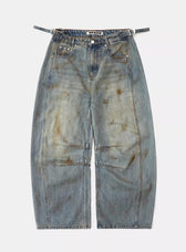 Vintage Washed Distressed Wide-Leg Denim Jeans