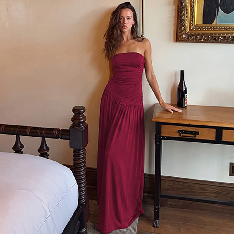 Women Clothing Summer Solid Color Tube Top off Neck Sleeveless Cold Shoulder Maxi Dress
