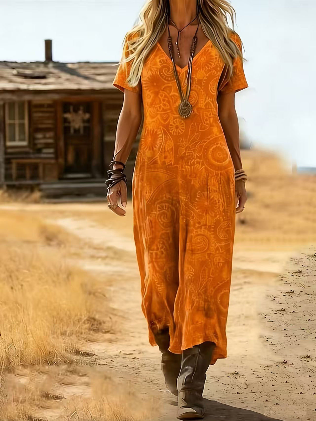 Boho Abstract Print V-Neck Short Sleeve Flowy Maxi Dress 2