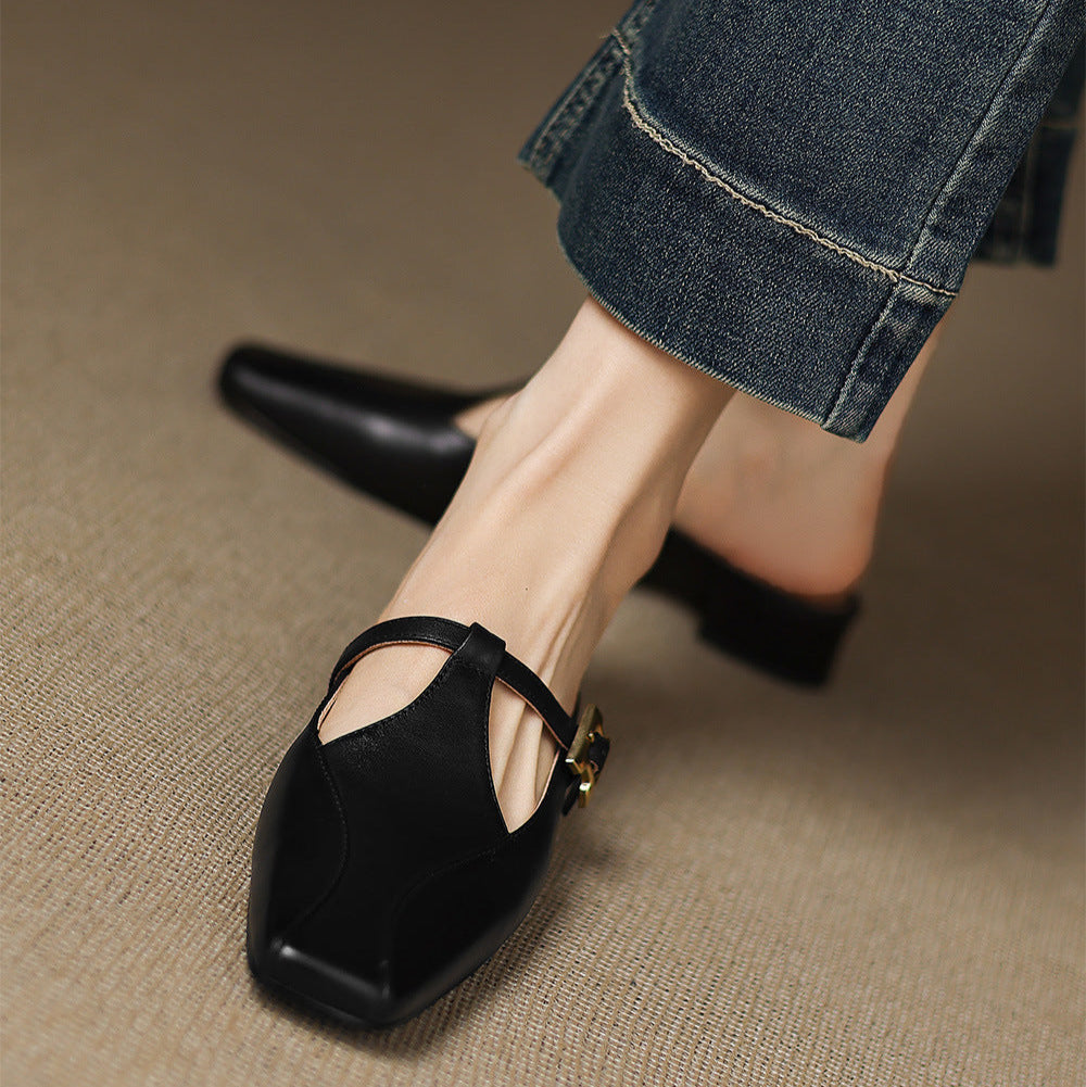 Square Toe Buckle Strap Low Block Heel Mules