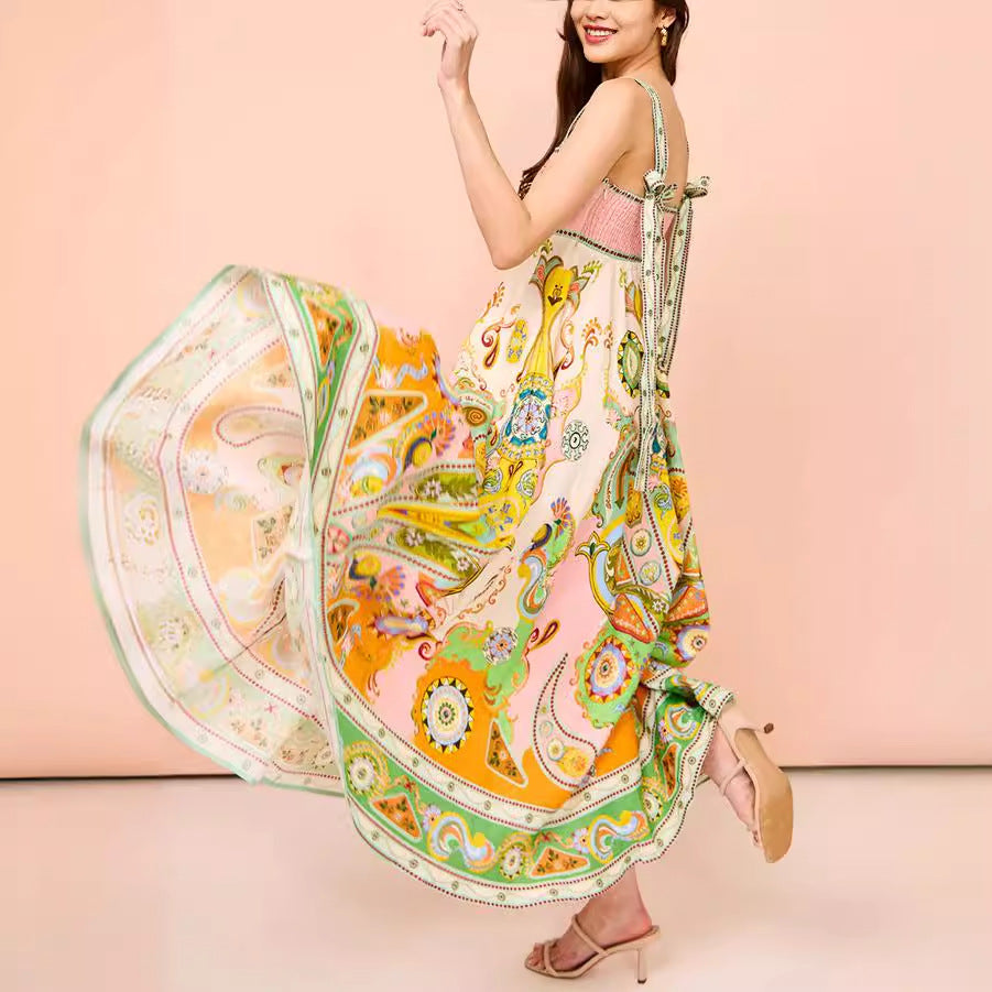 Paisley Print Smocked Back Tie Strap Sleeveless Swing Maxi Dress