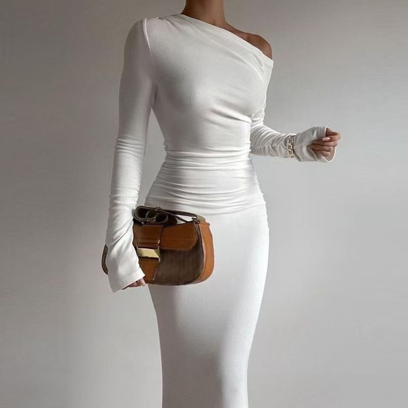 Sexy Women Clothing Sloping-Shoulder off the Shoulder Long Sleeve Slim Fit Pleated Long Socialite Dress