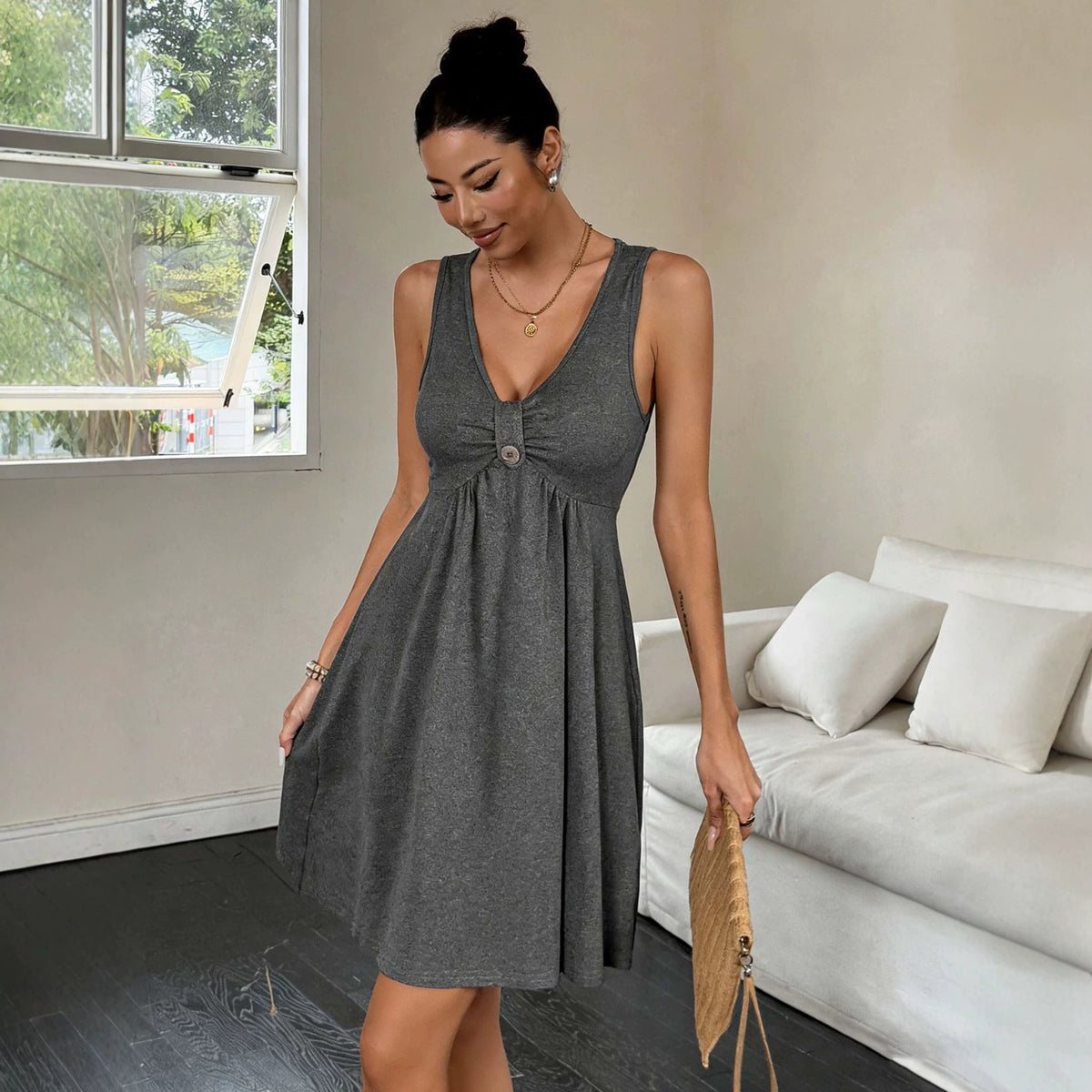 V-Neck Sleeveless Button Detail Ruched Bust A-Line Knee Length Dress
