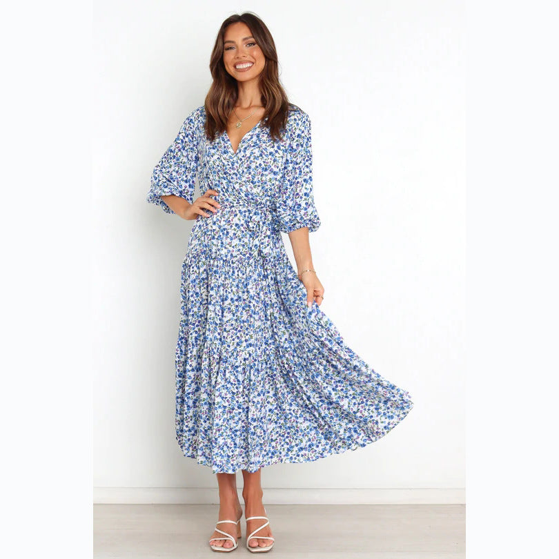Floral Fresh Sweet Mid - Sleeve V neck Dress