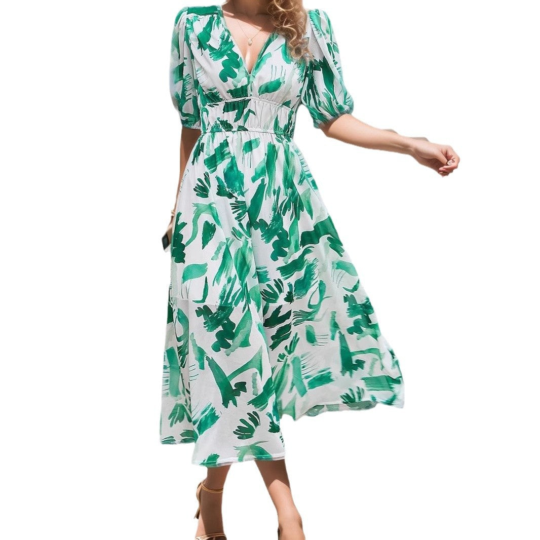 Abstract Print V-Neck Puff Sleeve Smocked Waist Midi Dress 5
