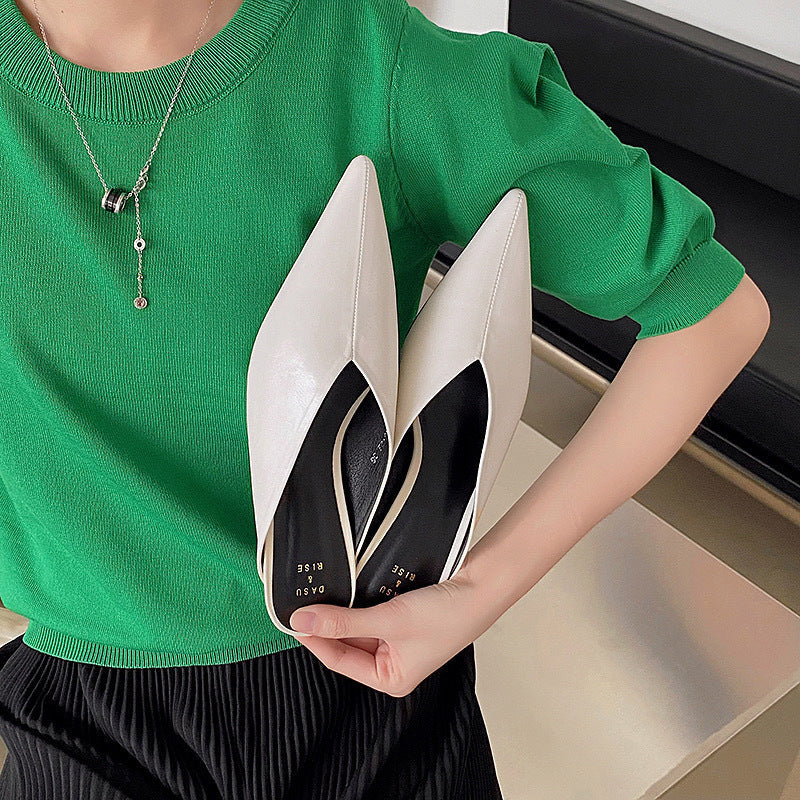 Pointed Toe V Cut Low Heel Mules