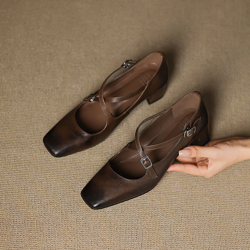 Square Toe Double Buckle Strap Block Heel Mary Jane Pumps