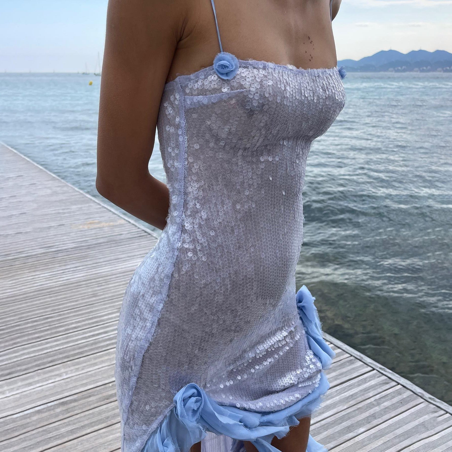 Sequin Spaghetti Strap Square Neck Ruffle Trim Slip Maxi Evening Gown