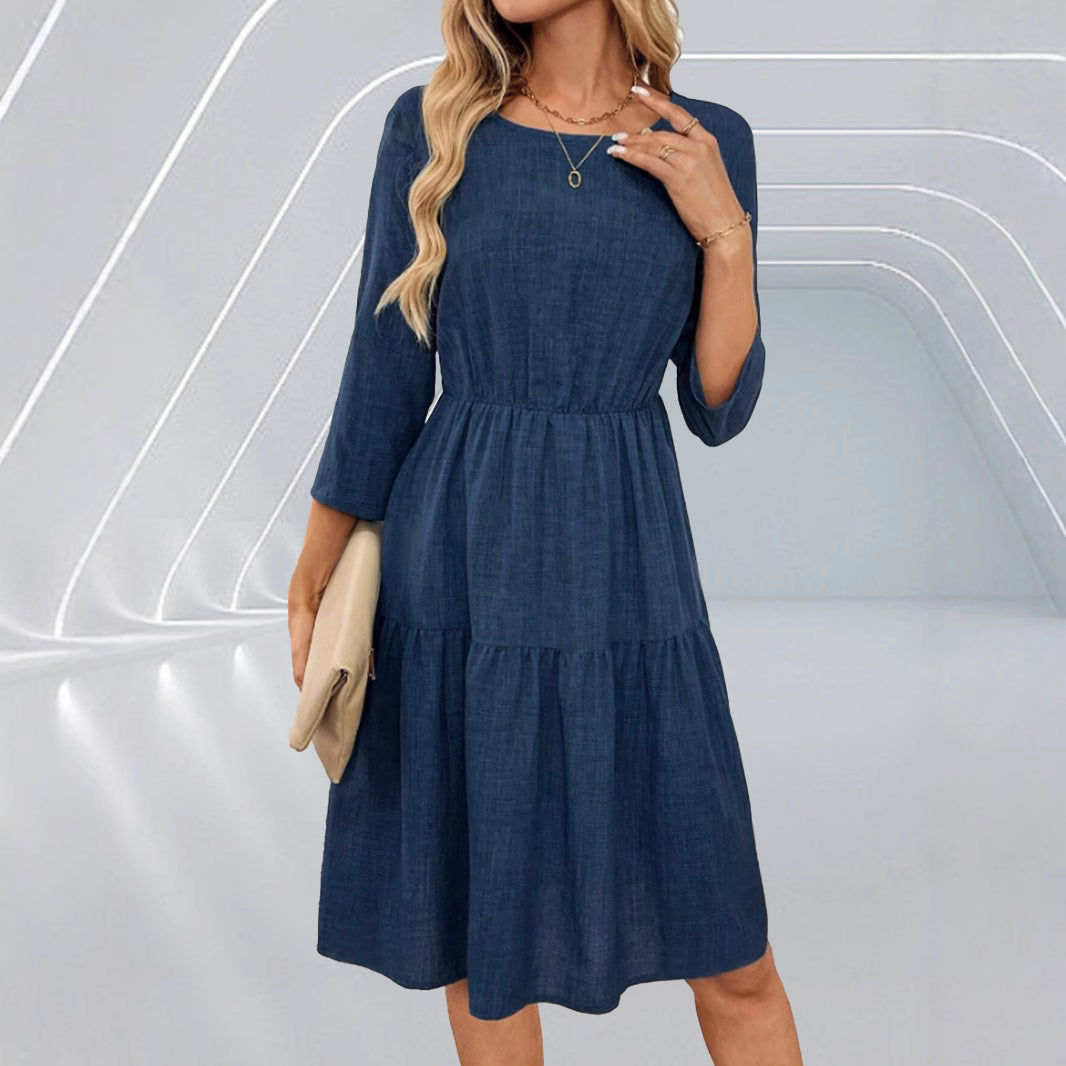 Textured Round Neck 3/4 Sleeve Elastic Waist Tiered Knee Length Dress 4