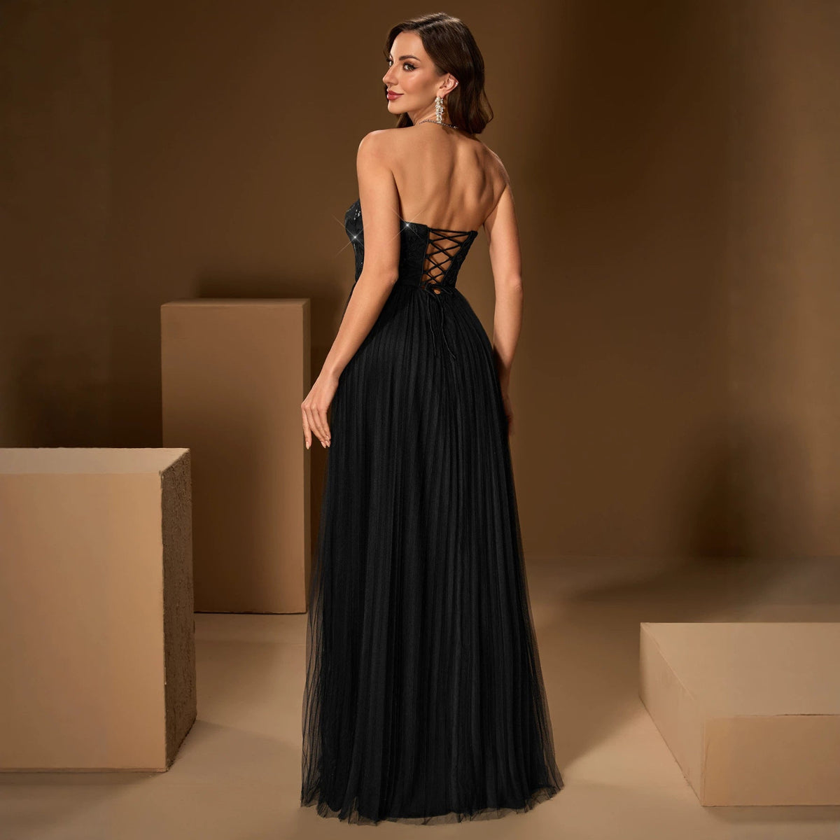 Evening Dress Tube Top Ball Elegant Mesh Sequ Back Strap Back Zipper Large A Swing Dress