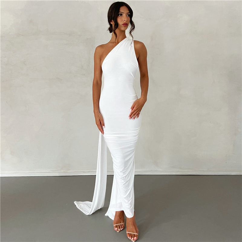 One Shoulder Backless O-Ring Ruched Drape Maxi Evening Gown 8