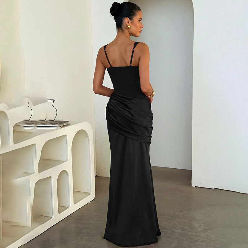Fall Women Clothing Solid Color Square Collar Satin Splicing Sling Maxi Dress Fashionable Elegant Dress