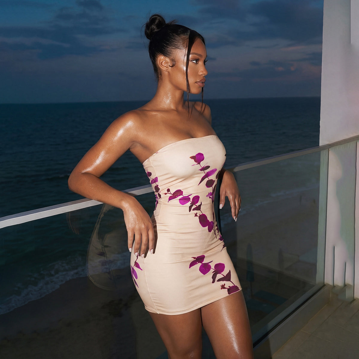 Leaf Print Strapless Bodycon Mini Dress