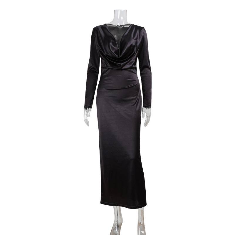 Satin Cowl Deep V-Neck Long Sleeve Bodycon Maxi Evening Gown 3