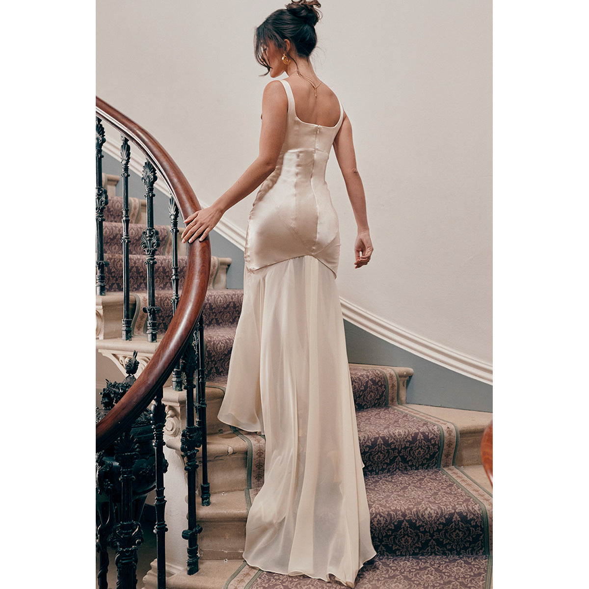 High Grade Satin Chiffon Splicing Sling Sheath Forged Surface Dress Slim Fit Elegant Mop Dress